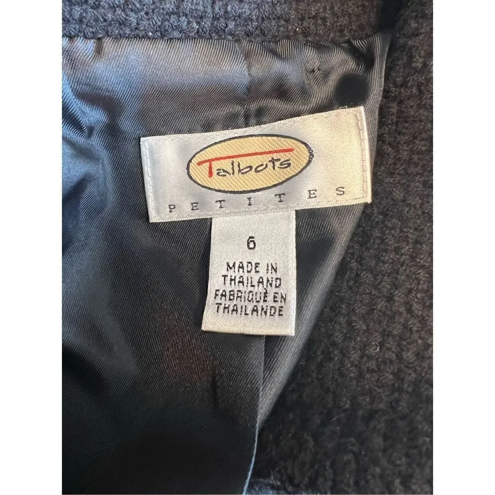 Talbots petite 100% wool black blazer coat button up collar size 6 career work